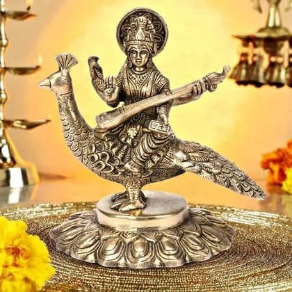 ARTVARKO Brass Goddess Maa Saraswati Statue Sitting on Swan Education Study Vidya Devi Idol Spiritual Puja Vastu Showpiece Religious Murti Sculpture Knowledge Music & Art 7 Inches