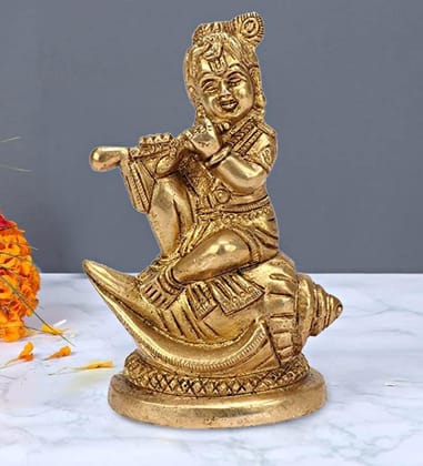 ARTVARKO Brass Bal Lord Krishna Bhagwan Idol Murti for Temple Home Decor Entrance Statue Wedding Gift Hand Made Sculpture Gold Color Polish Height 4.5 Inch