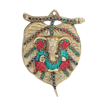 ARTVARKO Brass Pipal Leaf Ganesha Wall Hanging With Color Stone Handwork Home Entrance D�cor Ganpati Gift for Office Height 8.7 Inches