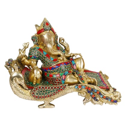 ARTVARKO Brass Ganesha Resting On Couch Statue Home Decor Gift Decorated with Multicolored Stone Ganpati Idol Murti -Height 7.5" Length 11"