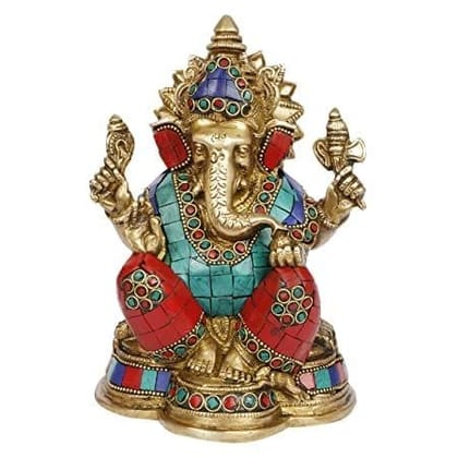 ARTVARKO Brass Sitting Ganesha with Multicolor Stone Handwork Ganpati Idol for Gift Ganesh Big Size Murti Home Decor Shop Entrance Height 6.5 Inches