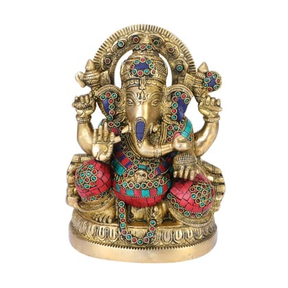 ARTVARKO Large Brass Ganesha Idol Statue Decorated with Multicolored Gem Stone Handwork Ganpati Murti for Home D�cor Mandir Gift Height 9"