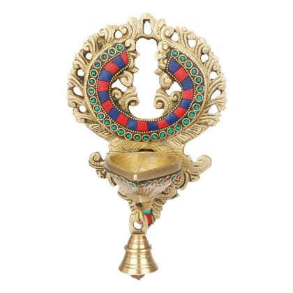 Artvarko Brass Wall Hanging Deepak with Bell Multicolor Gemstone Handwork - Height 8.5 Inches