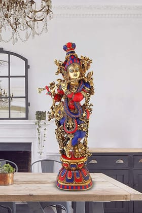 ARTVARKO Brass Metal Lord Krishna Idol Bhagwan Large Statue Multicolor Murti for Home Decor Pooja Room Gallery Gift Sculpture Height 29 Inch