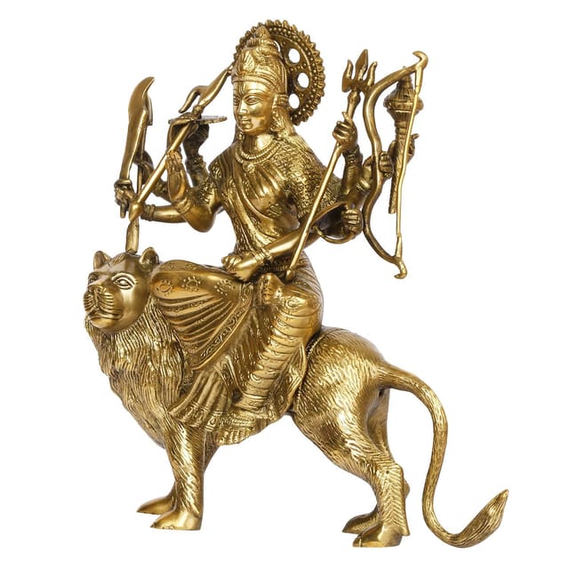 8 Armed Goddess Durga with Lion Brass Statue | 5 Inch