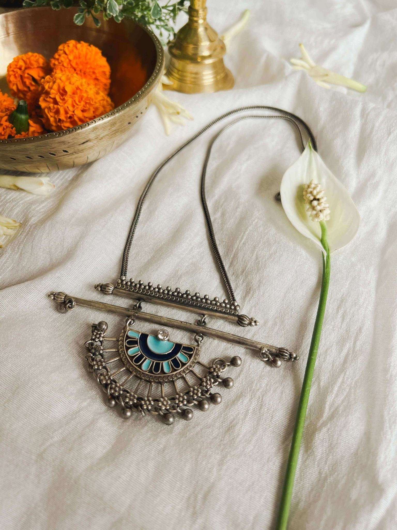 Adhyavi long silver necklace with enamel pendant