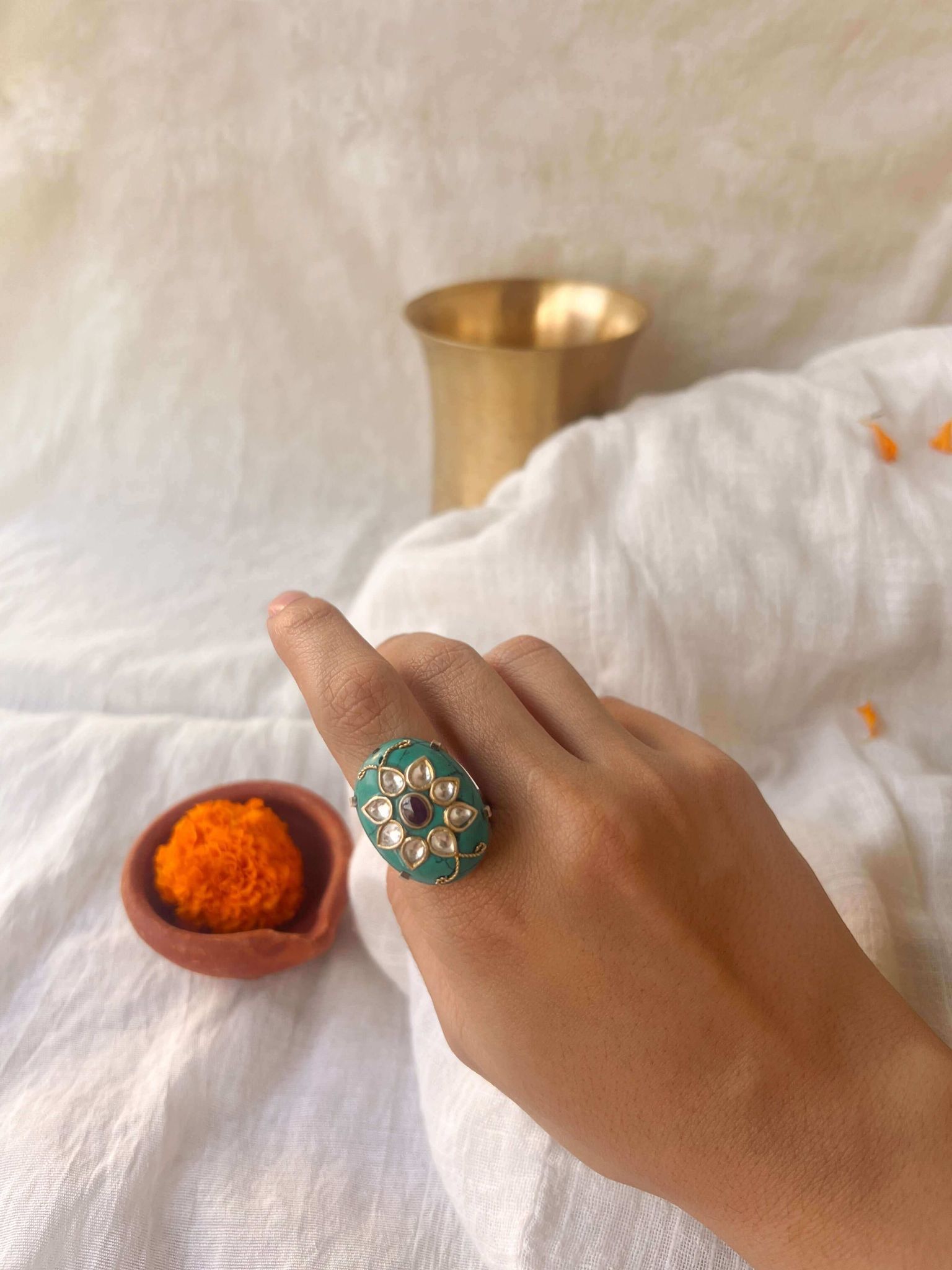 Firoza turquoise stone silver ring with kundan detail