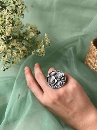 Sugandhi oxidised silver flower motif ring