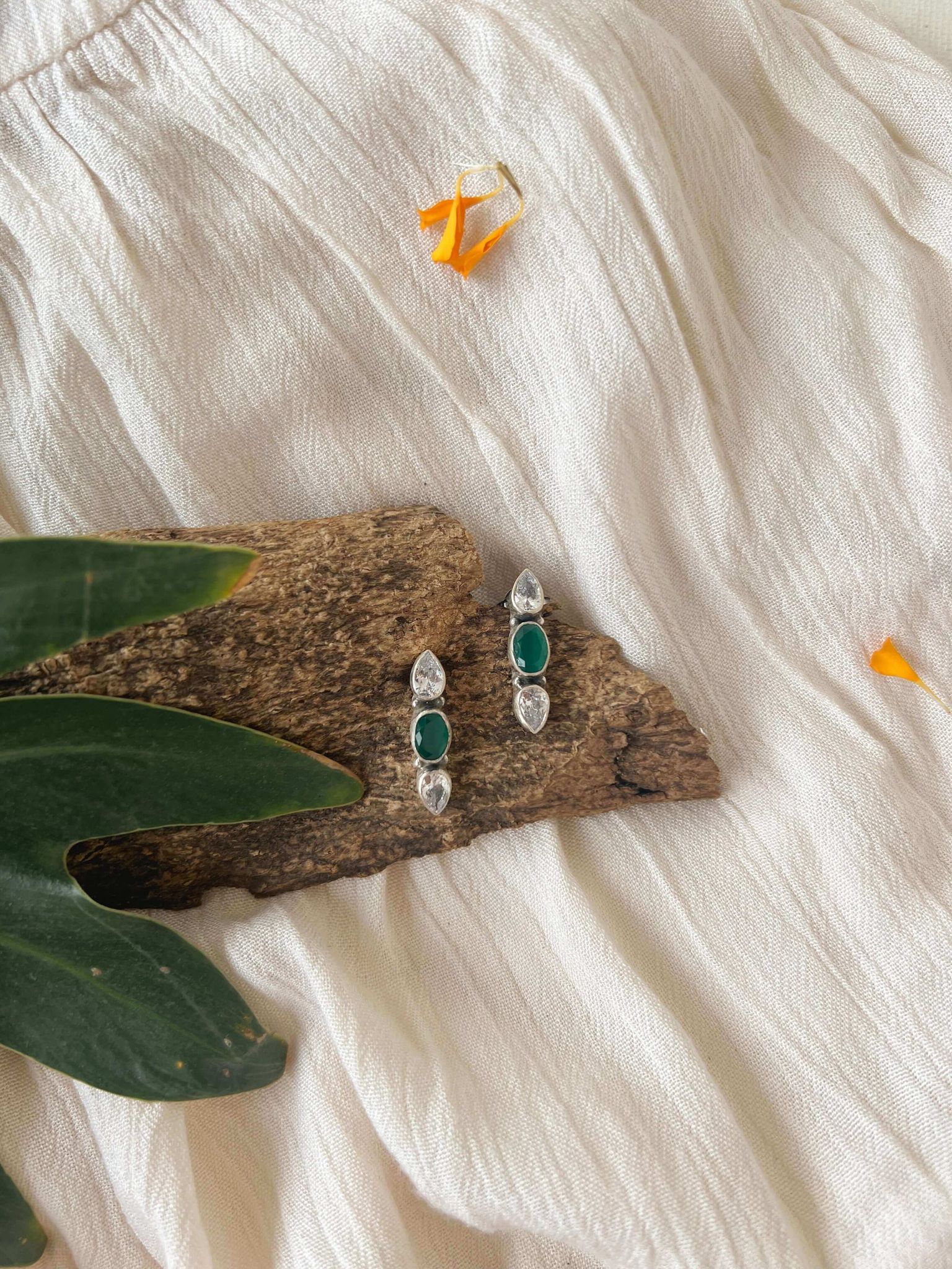 Trinetra mini silver studs with emerald stone