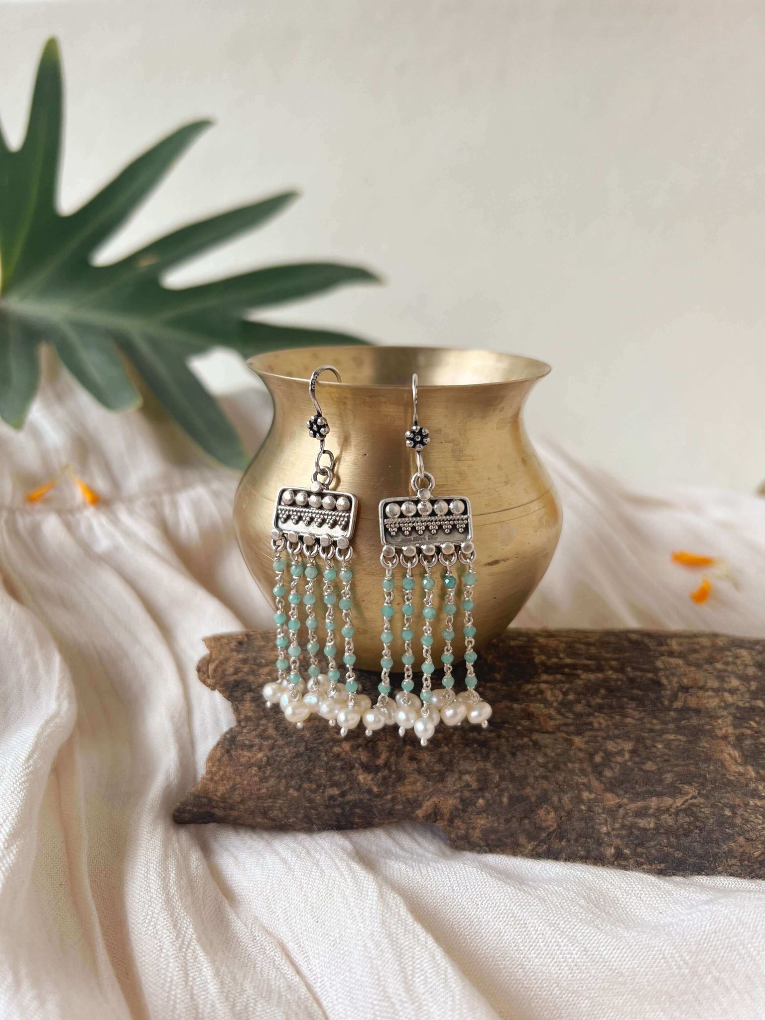 Vrishti silver danglers with aqua beads