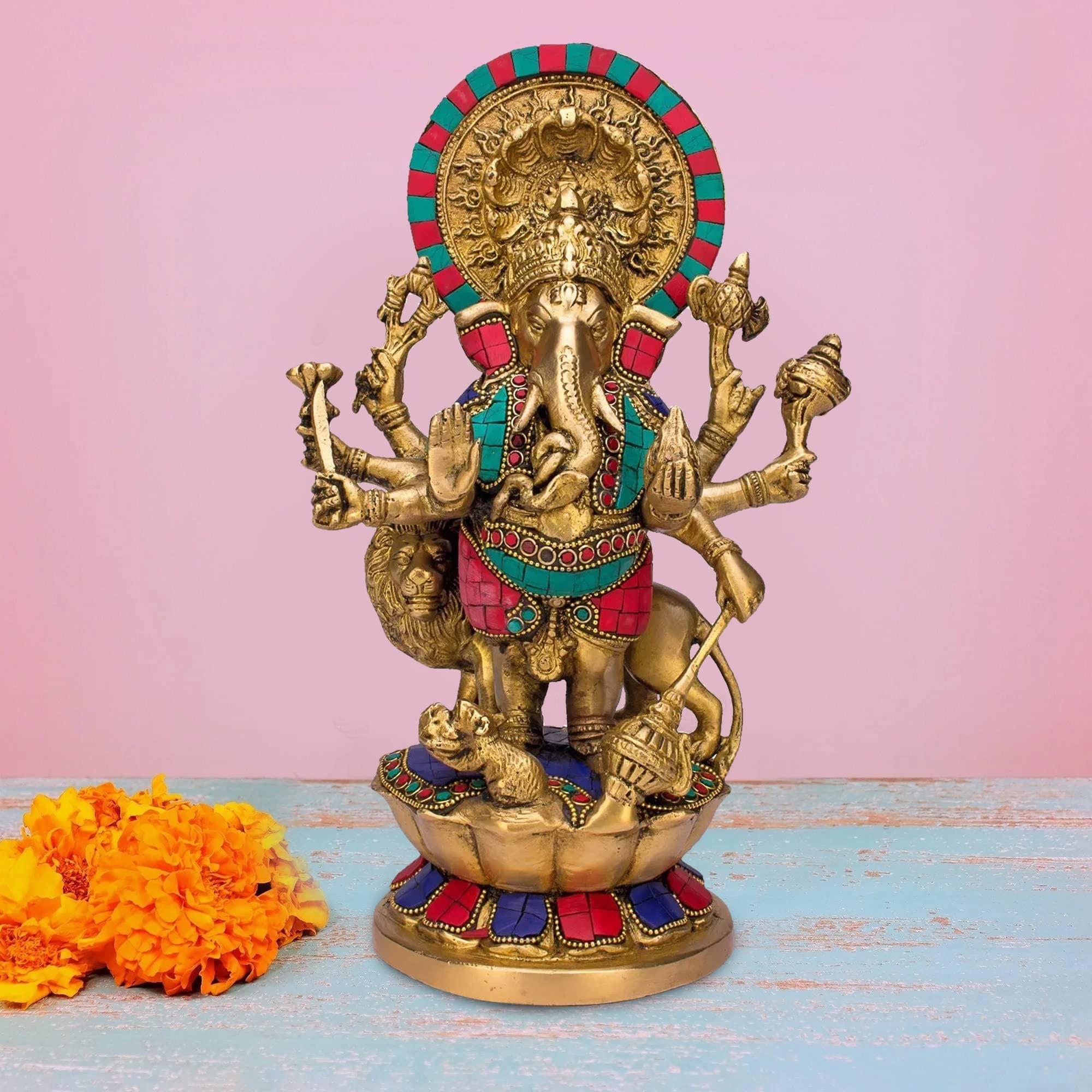 ARTVARKO Large Size Standing Ganesha Statue Brass Murti of Lord Ganpati Ashtabhuja-Dhari Ganesh with Lion for Home Decor Height 11 Inches