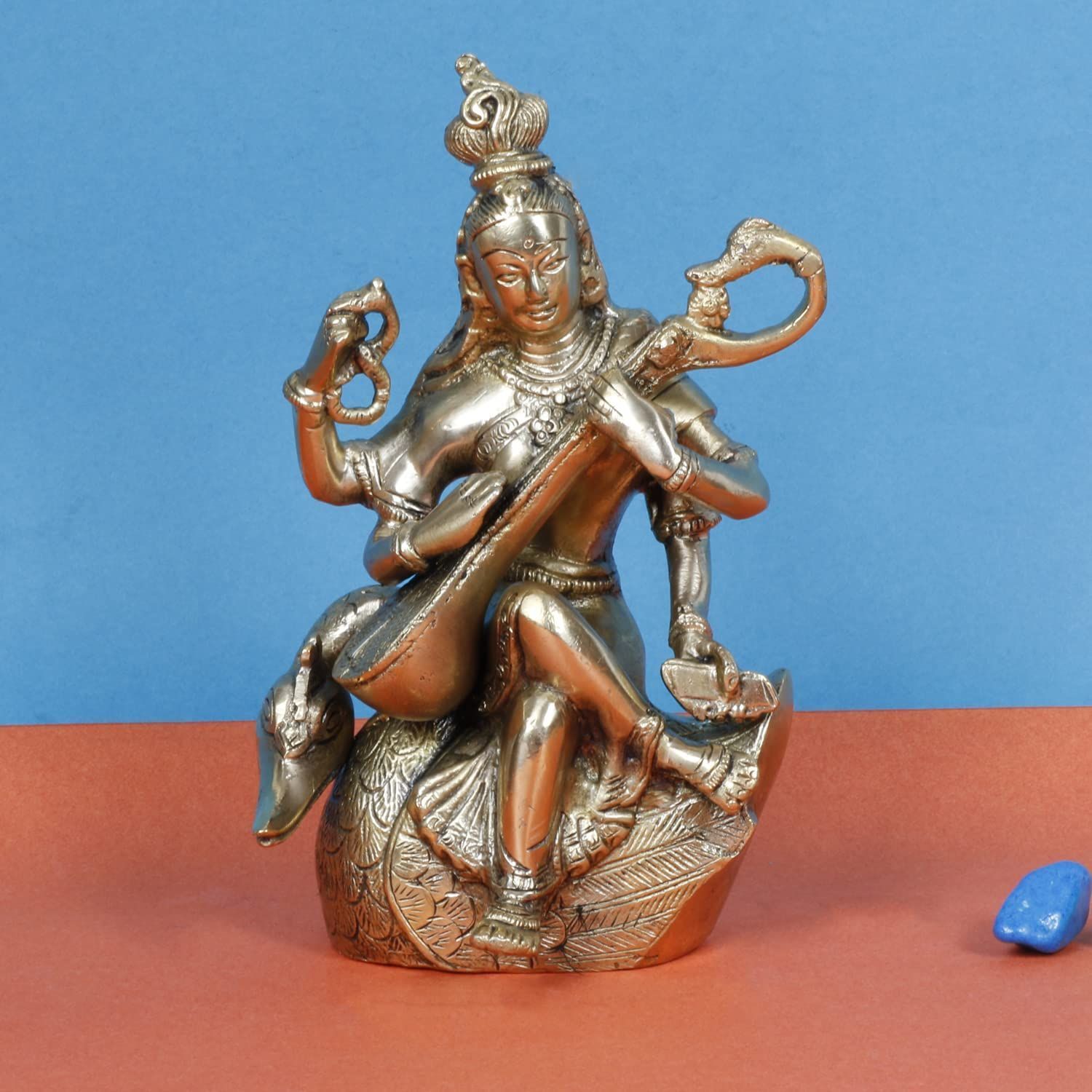 Goddess Saraswati Playing Veena on Singhasan Brass Idol