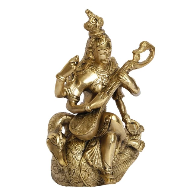 Goddess Saraswati Playing Veena on Singhasan Brass Idol