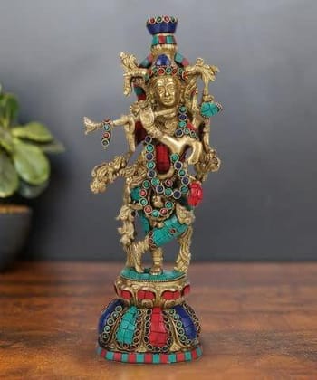 ARTVARKO Brass Murti Lord Murli Krishna Statue Playing Flute Colored Turquoise for Home D?cor Living Pooja Room Mandir Temple Gallary Height 13 Inch