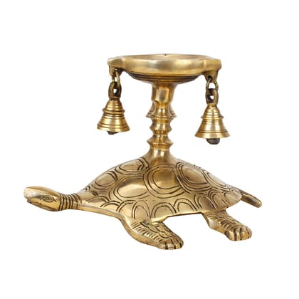 ARTVARKO Brass Diya Tortoise Stand with Three Bells | Vastu Kachua Designer Deepak Deepam Home Office Decor Decorative Table Showpiece Gifts in Gold Color Height 6 Inches