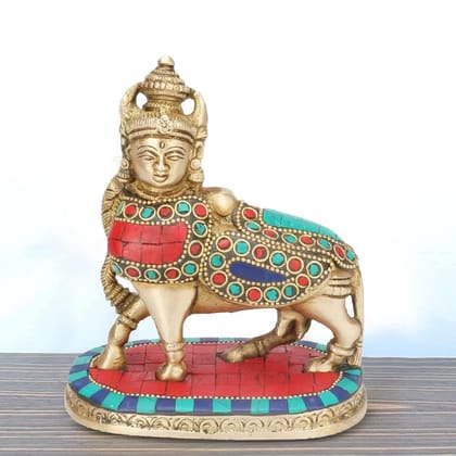 ARTVARKO Brass Kamadhenu Cow God Idol Religious Multicolor Gemstone Handwork Sculpture Figurine for Home & Office- Size: 5.5"