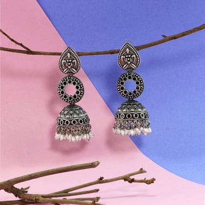 Neeara Fashion's Silver-Toned Oxidised, with Primium Finish Dangler Jumka  Earrings