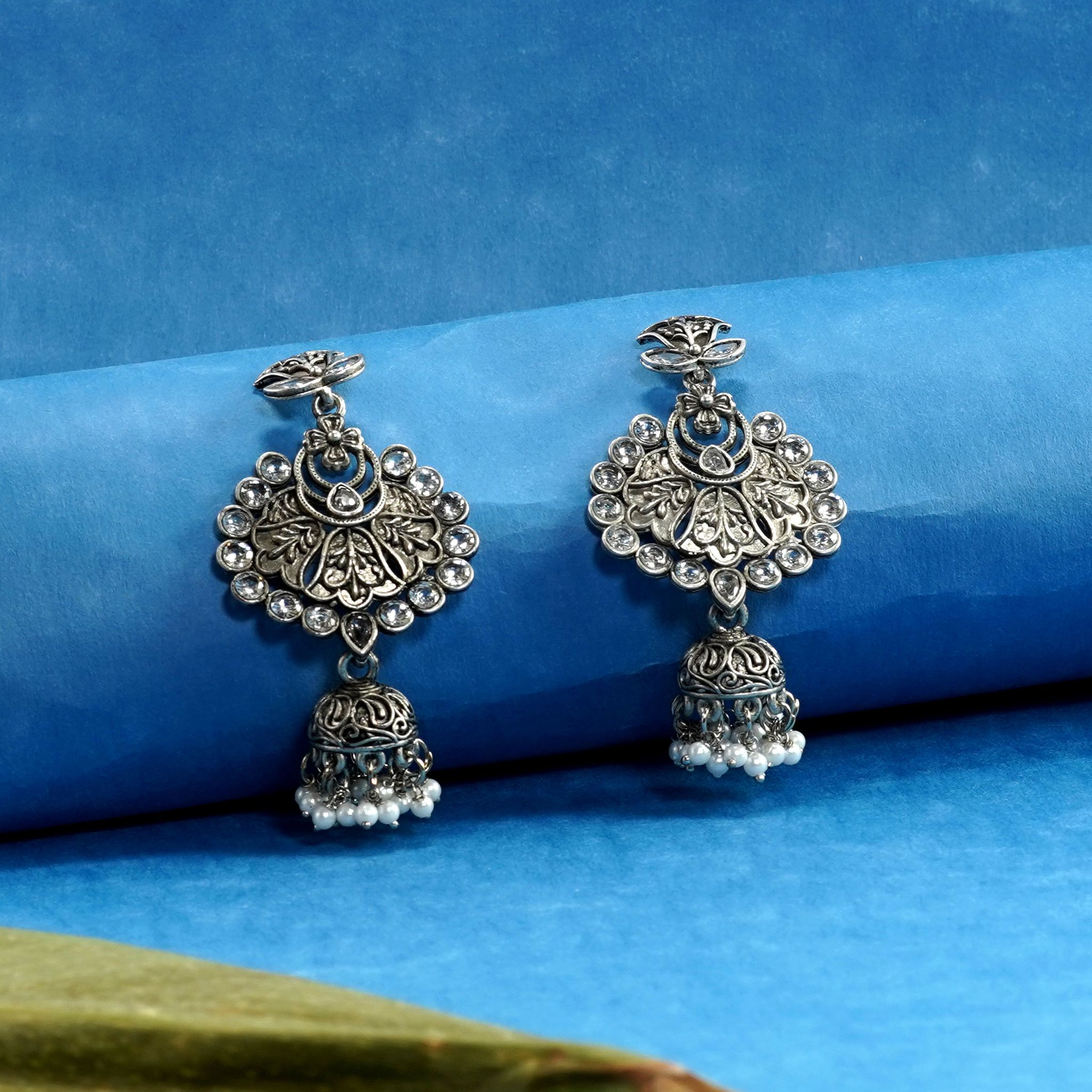 Neeara Fashion's Silver Polished  Handcrafted, Oxidised jumka Dangler Earrings