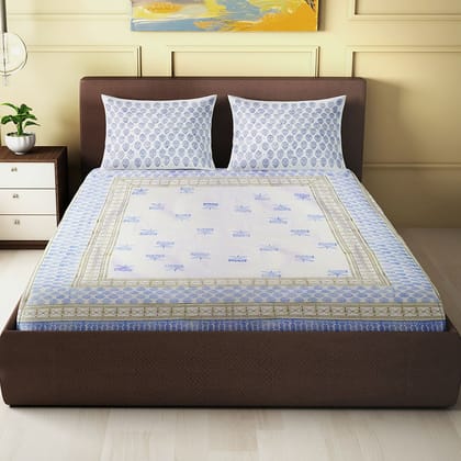 Blue Brown Buti Design - Block Printed Double Bedsheet