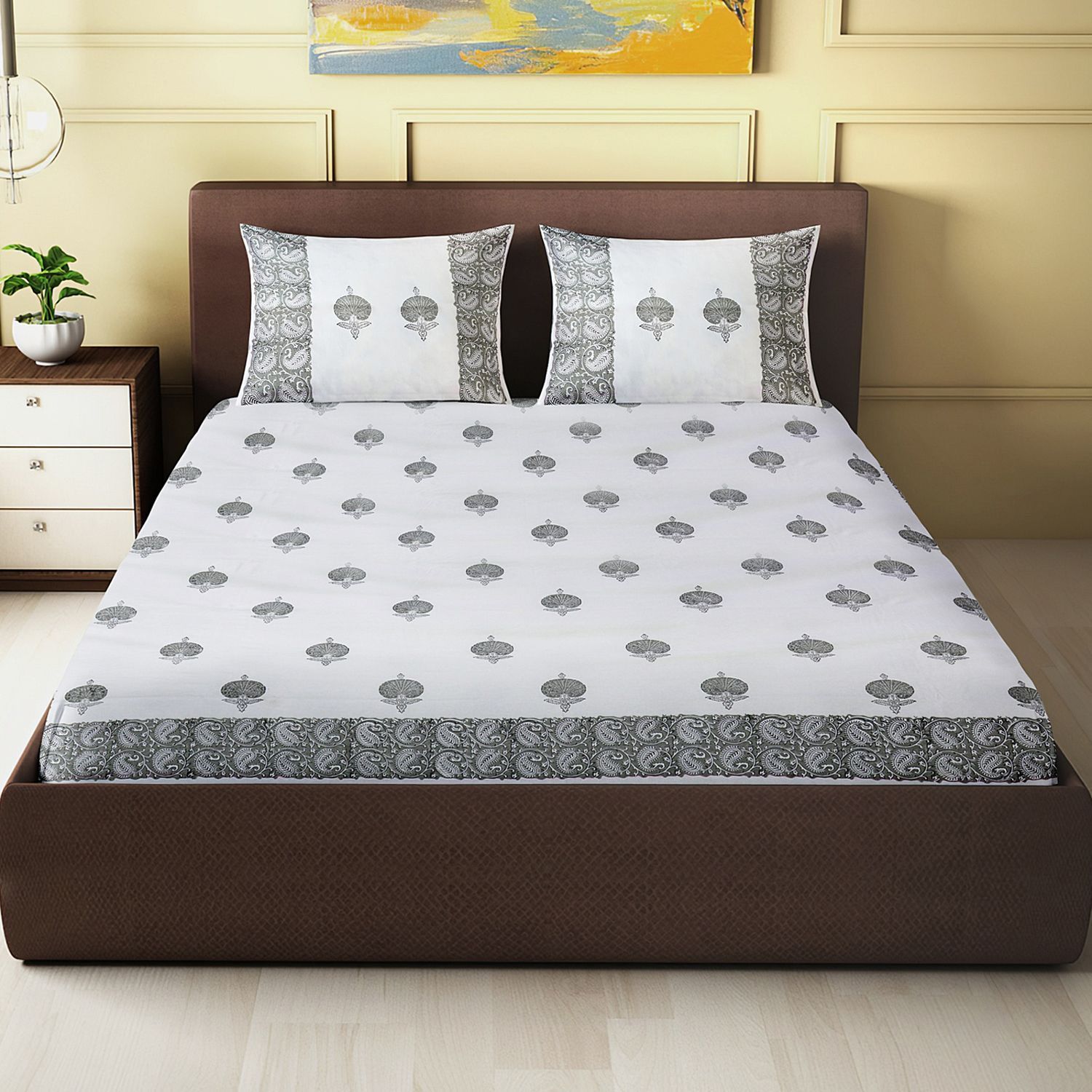 Grey Paisley- Elegant Design  Block Printed Double Bed Sheet