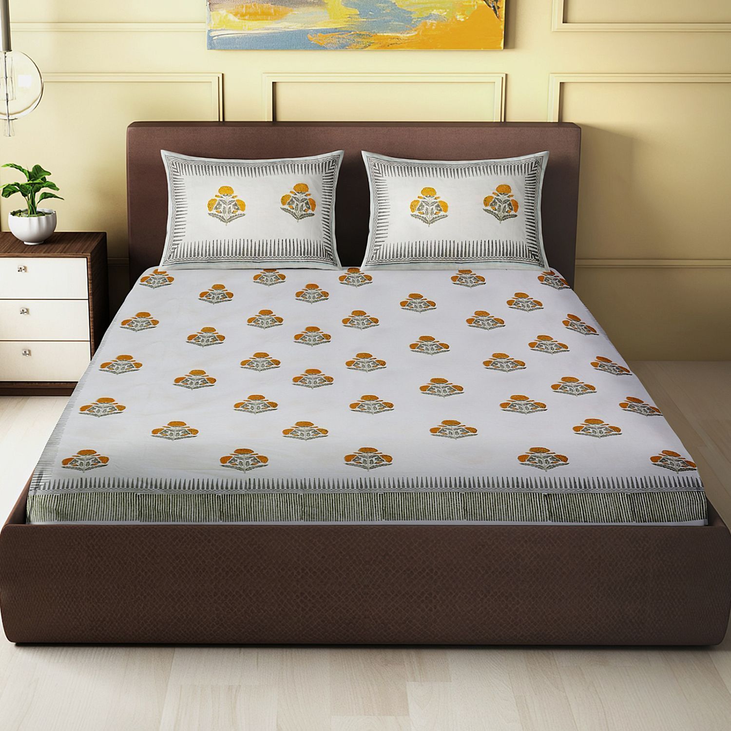 Alankaran Designs- Floral Motif - Block printed King Size Double Bedsheet