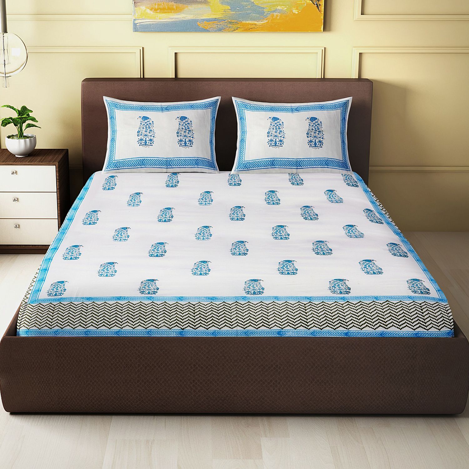 Blue Buta Alankaran Designs- Block Printed King Size Double Bedsheet- 214