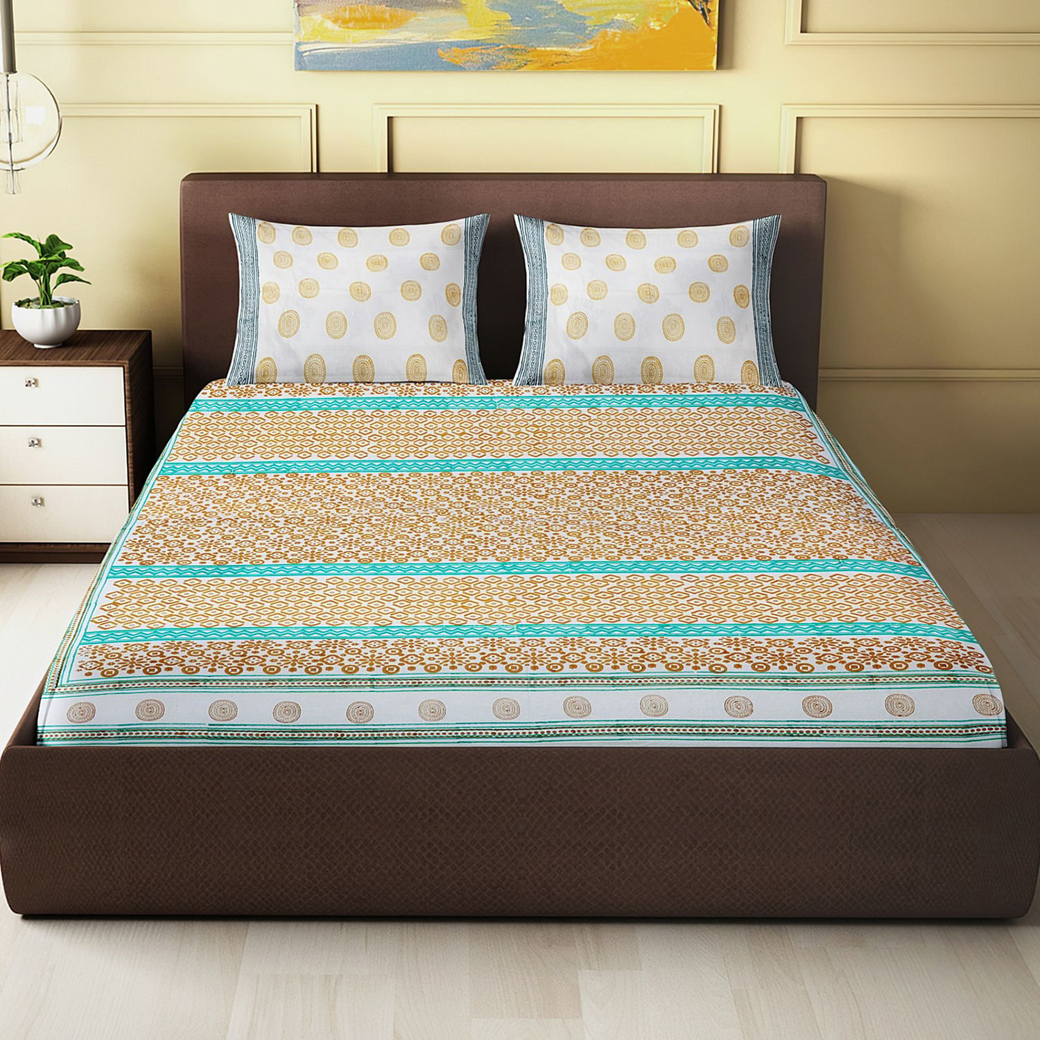 Earthy Geometry Design -Block Printed King Size Double Bedsheet