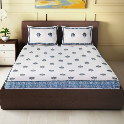 peacock  Buta Design Block Printed King Size Double Bed Sheet