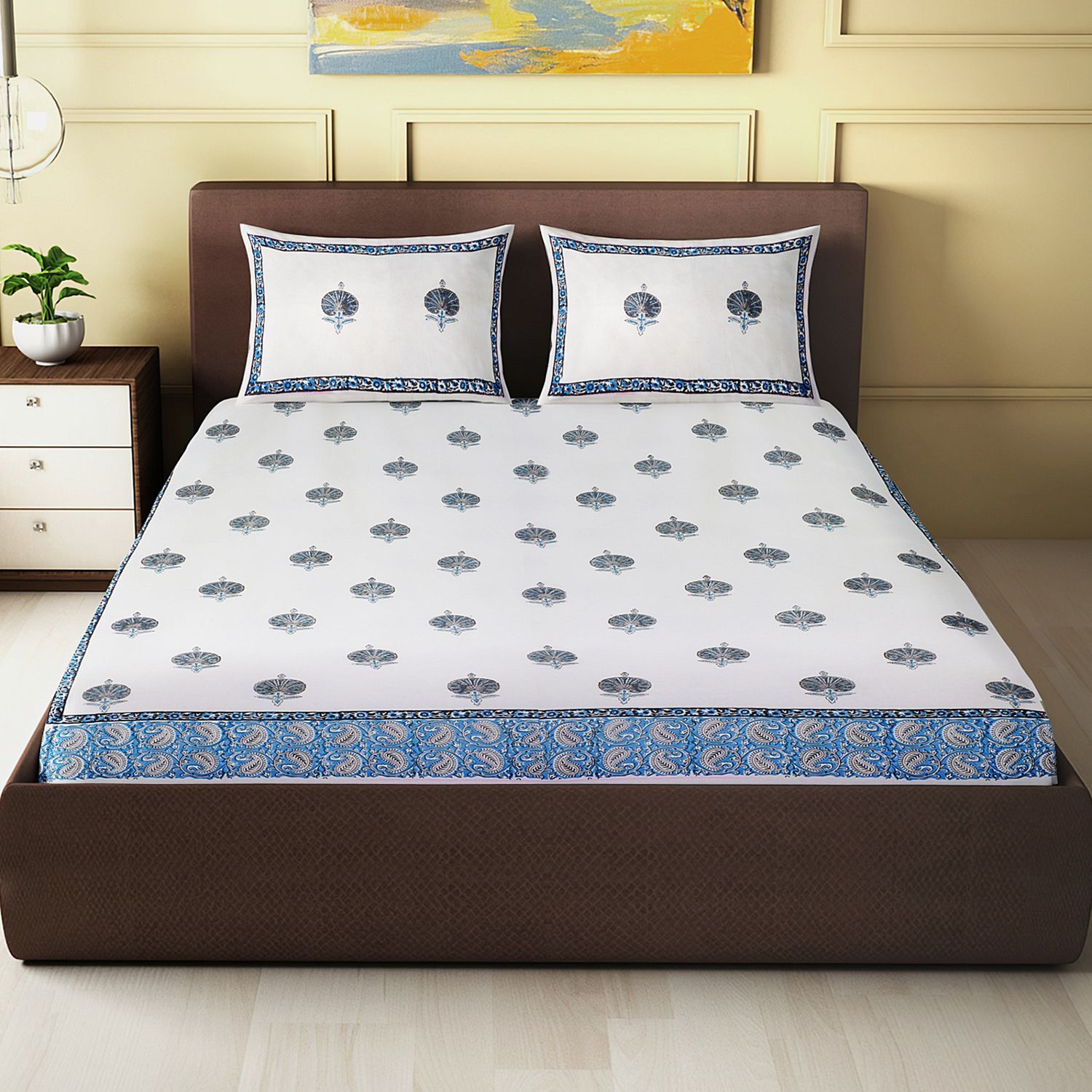 peacock  Buta Design Block Printed King Size Double Bed Sheet