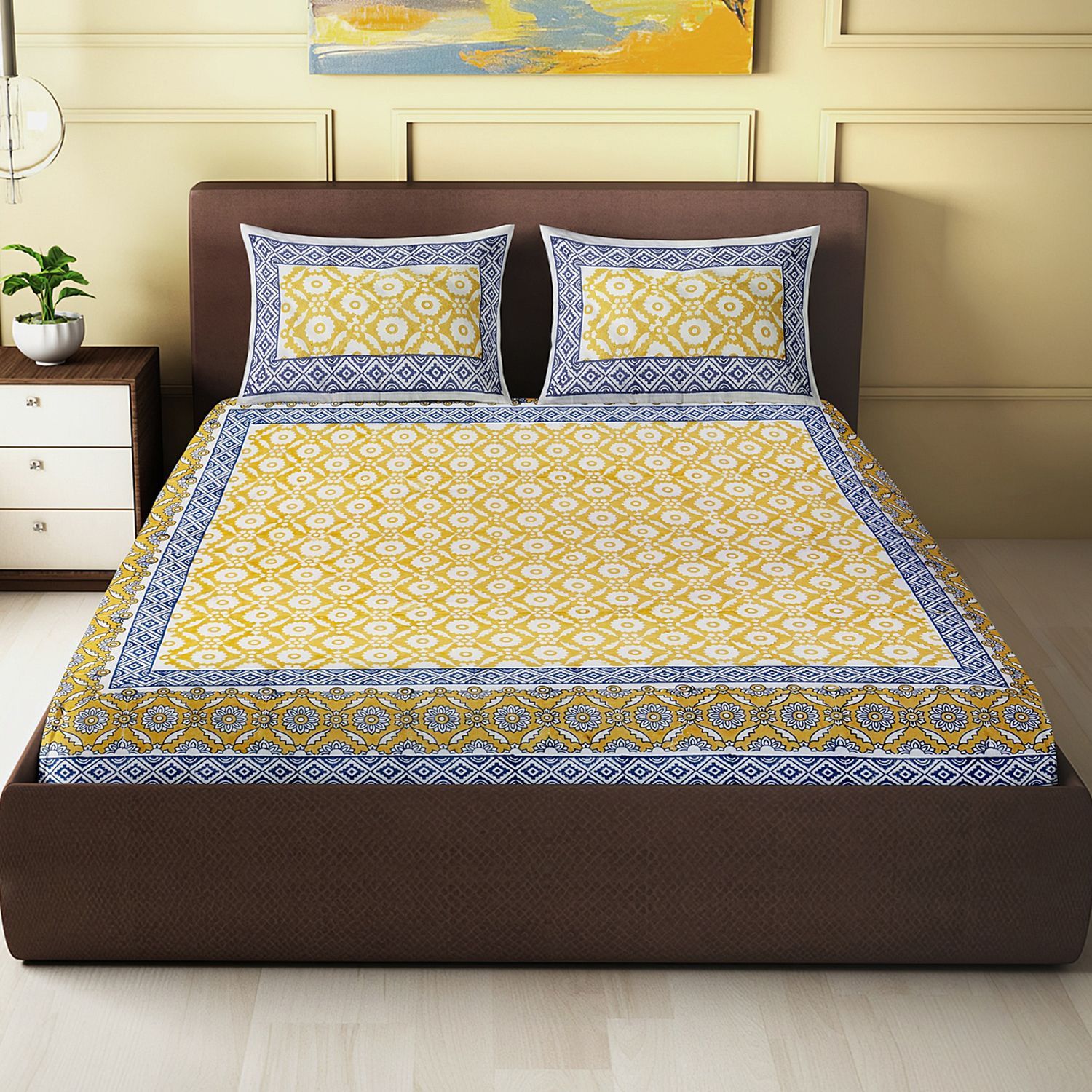 Neem Patti Motif - Block Printed King Size Double Bed Sheet