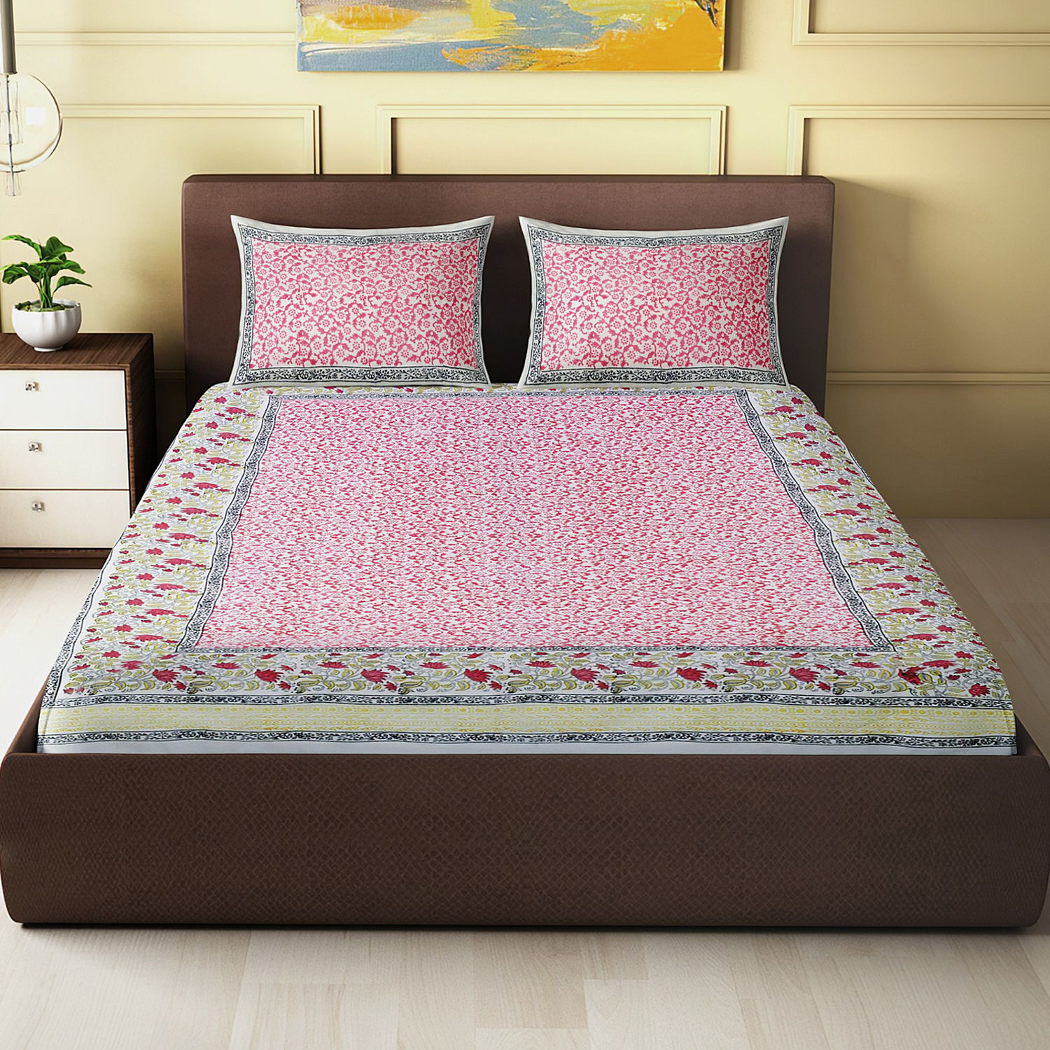 Pink Floral Jaal Block Printed King Size Double Bed Sheet - 228