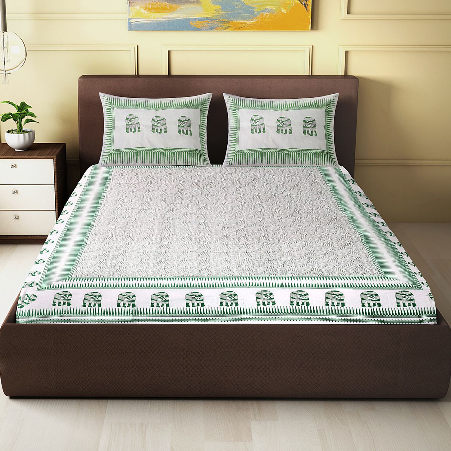 Tribal Elephant Motif Block Printed King Size Double Bed Sheet