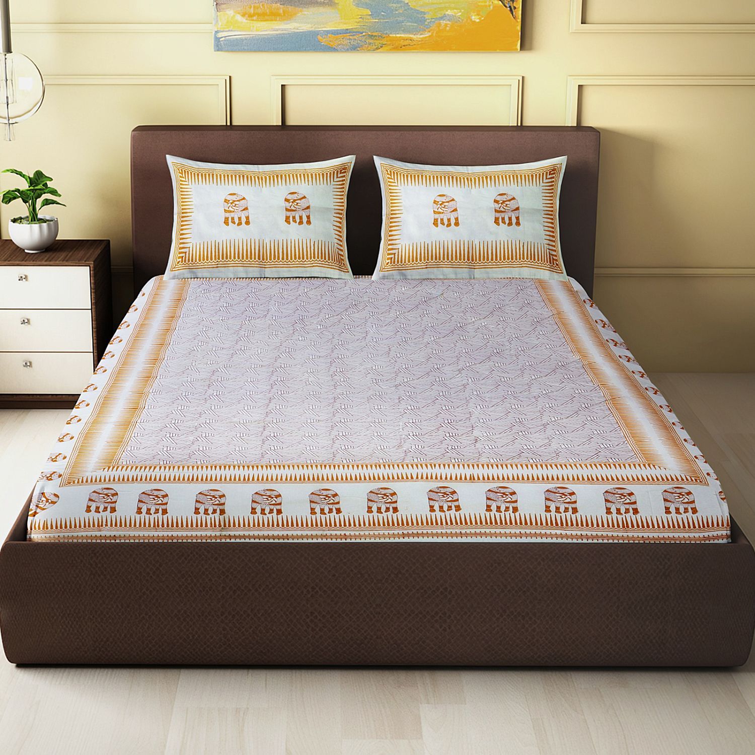 Tribal Hathi Motif - Block Printed King Size Double Bed Sheet