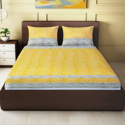 yellow  Geometric Gadd Motif -Block Printed King Size Double Bedsheet