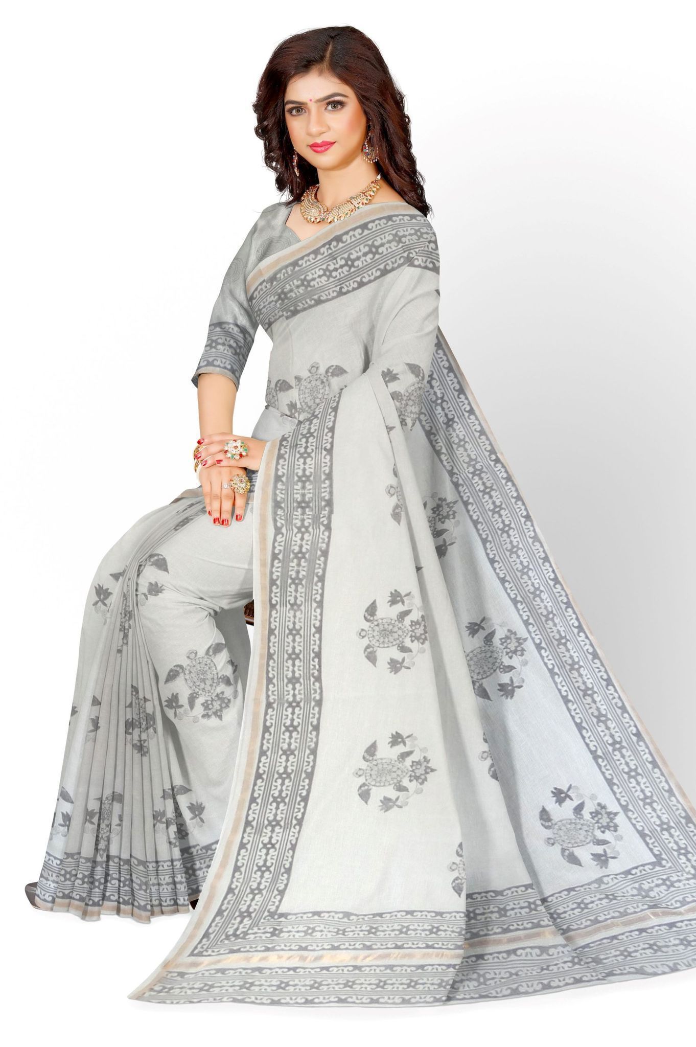 White & Grey Tortoise Motif Hand Block Printed Chanderi Saree