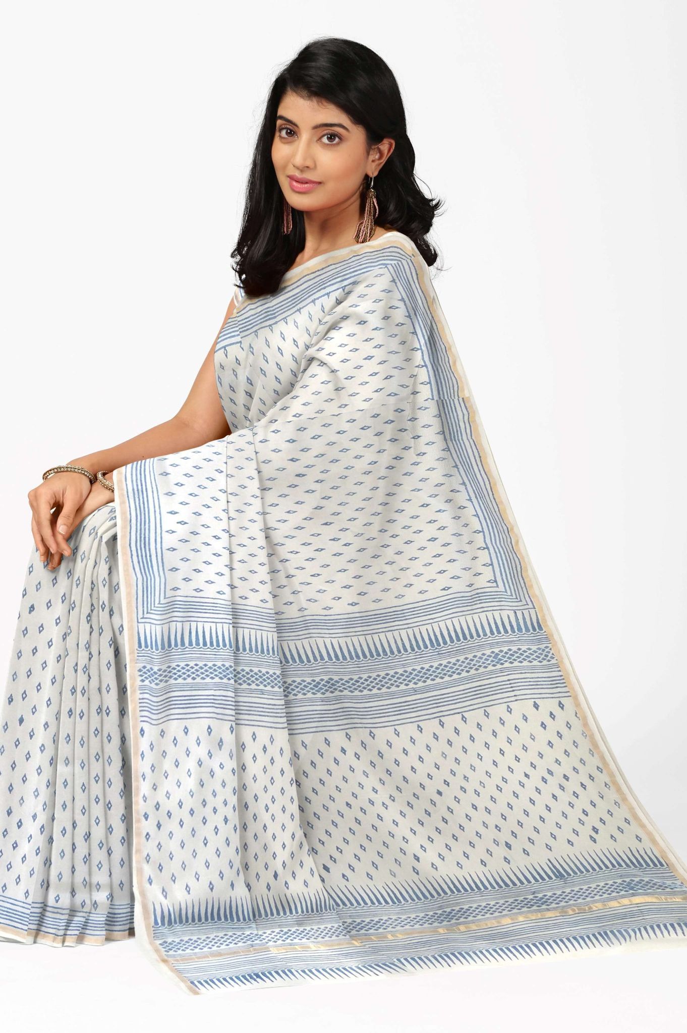 Elegant White & Blue Buti Chanderi Saree