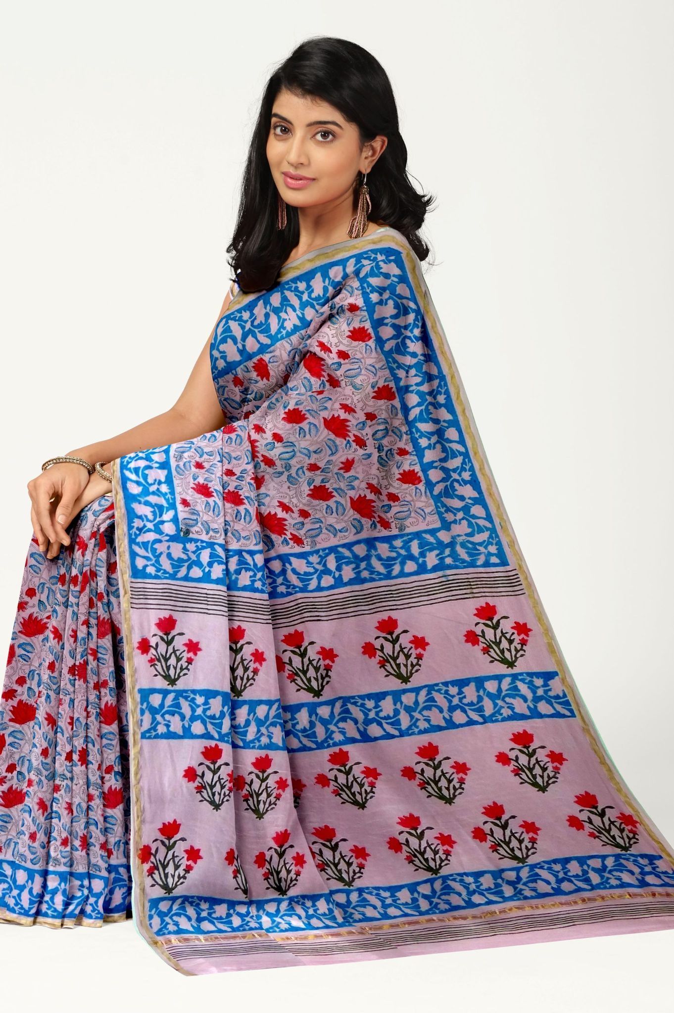 Pink Floral Print Chanderi Hand Block Printed Chanderi saree