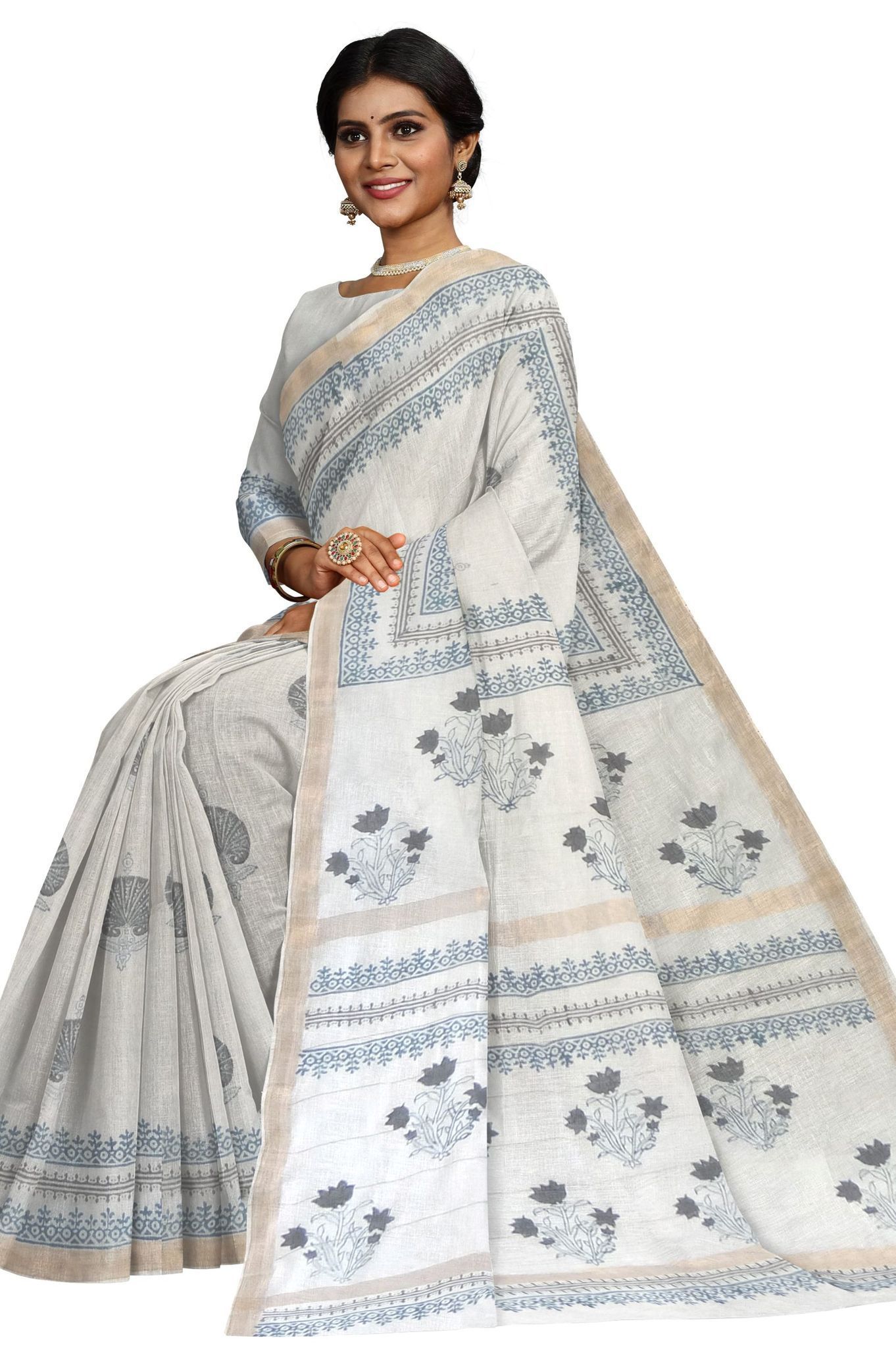 Elegant White & Blue Pisley Motif Hand Block Printed Maheshwari Saree