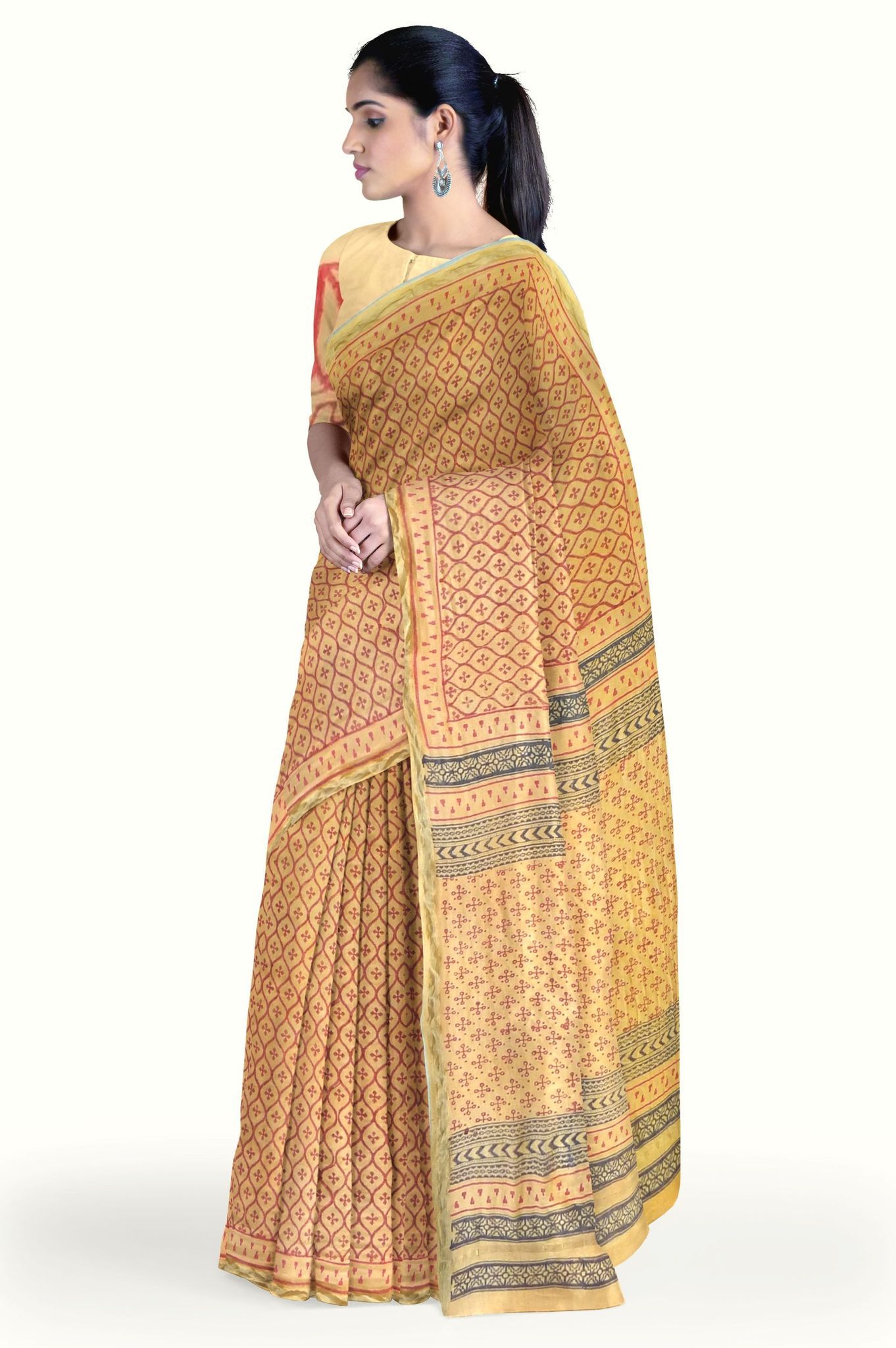 Peach Hand Block Printed Chanderi Saree