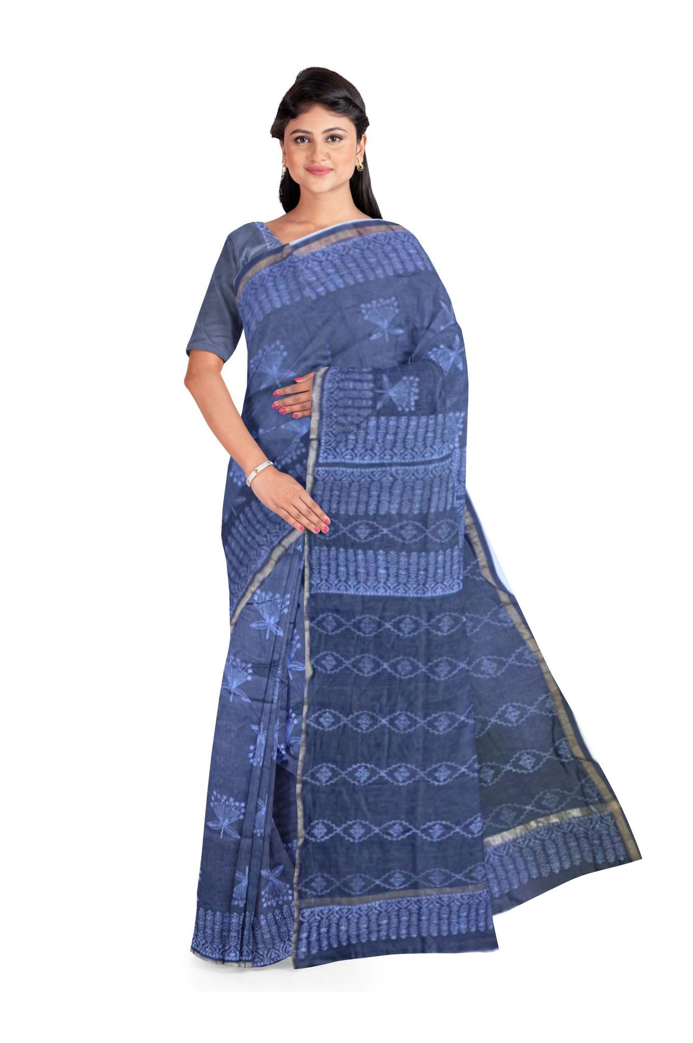 Grey floral hand block printed saree Chanderi