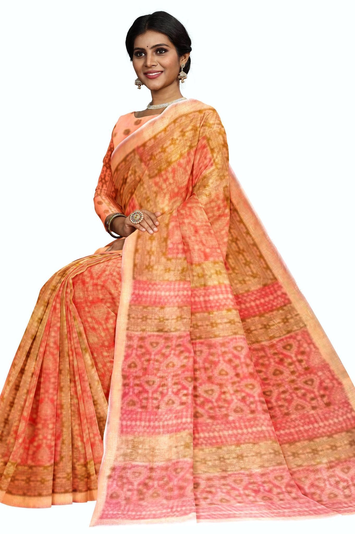 Light orange floral hand block pirinted saree