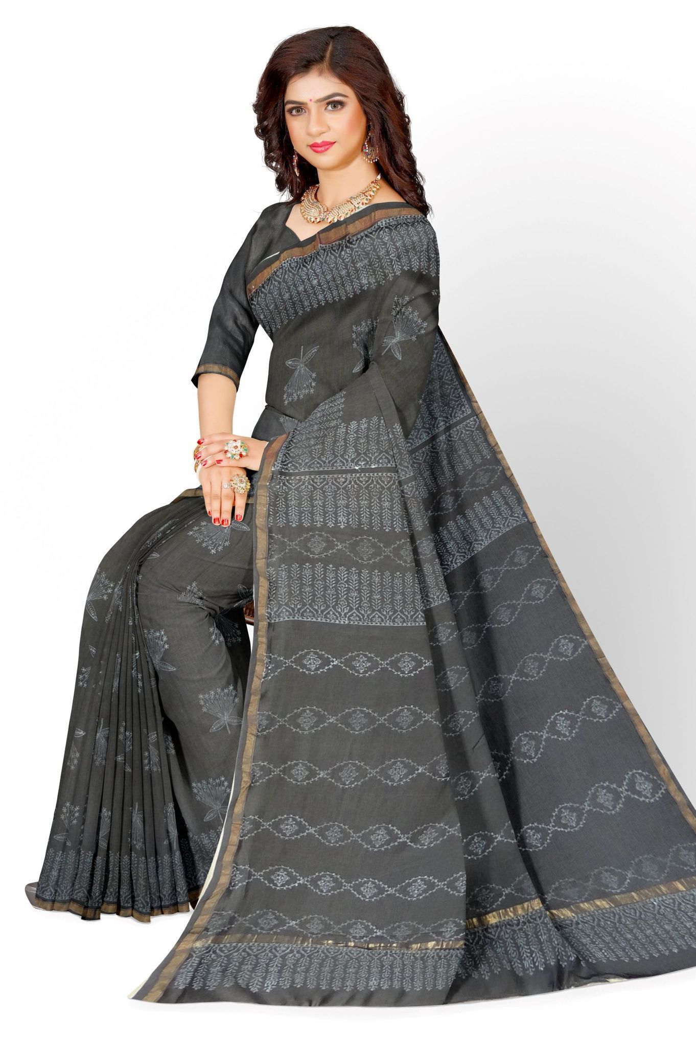 Grey floral hand block saree Chanderi