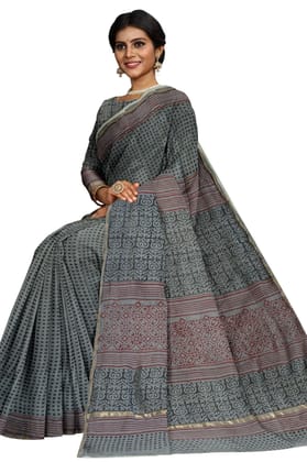 Grey hand block  Chanderi printed saree