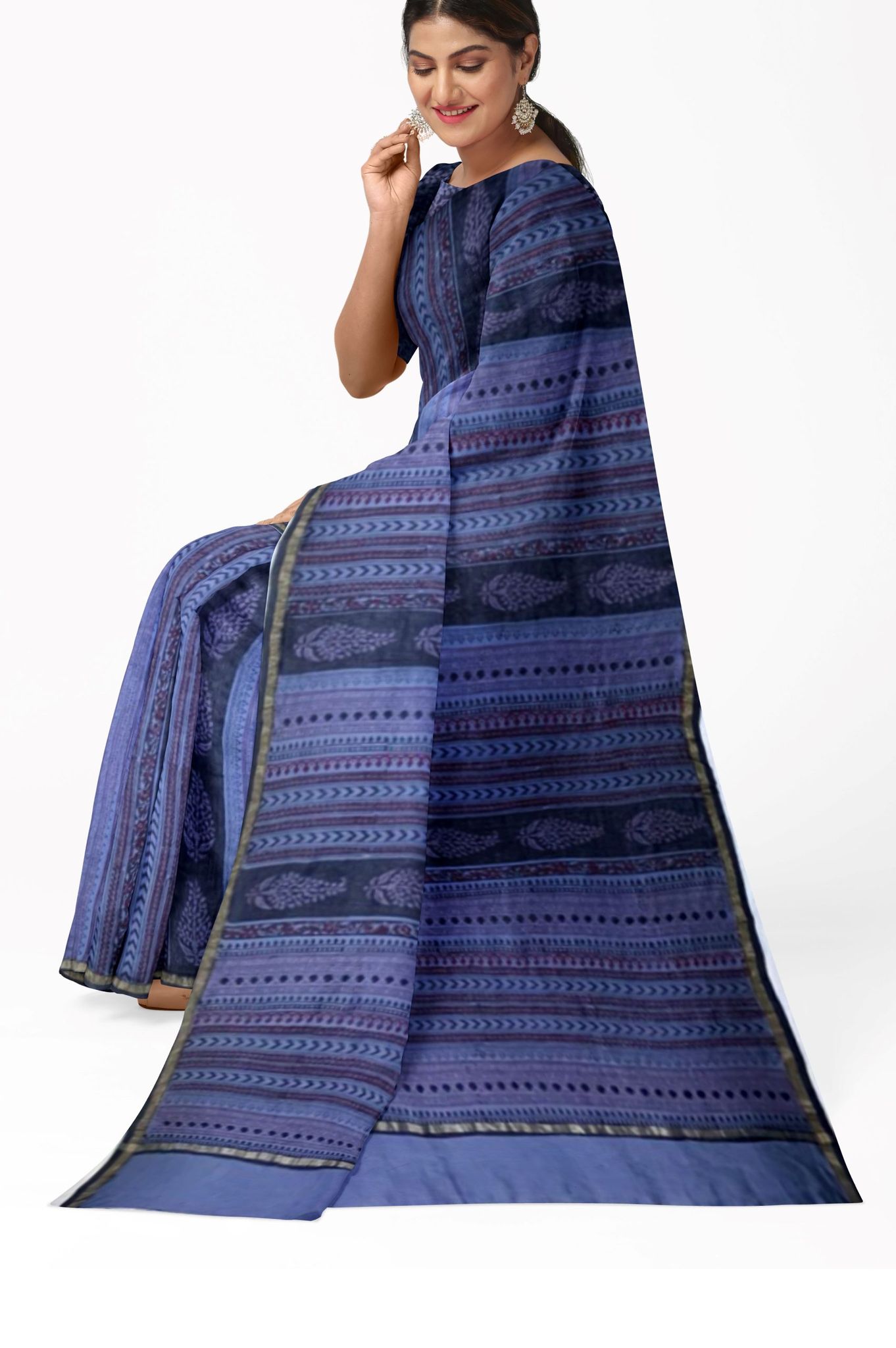 Blue hand block printed saree