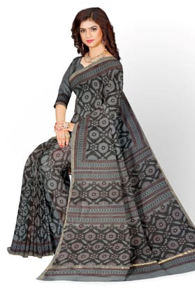 Grey floral hand block printed saree