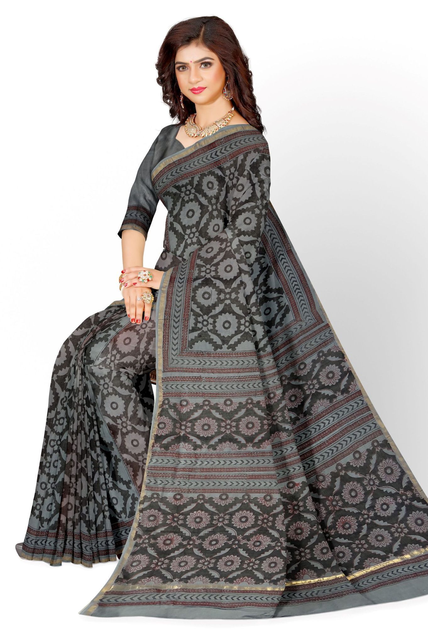 Grey floral hand block printed saree