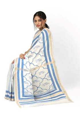 White hand block printed saree Maheshwari