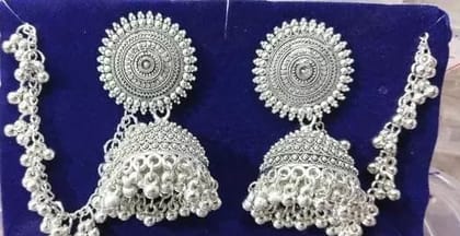 Bahubali Jhumka earring with chain oxidised jewellery silver handmade