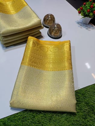 Golden Cream & Mustard Bridal Pallaku Design Tissue Elegance Kanchipuram Handwoven Silk