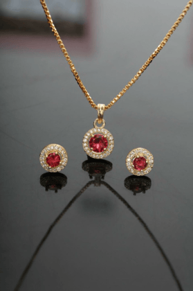 Golden plated cz Red colour round pendant set for girls & women